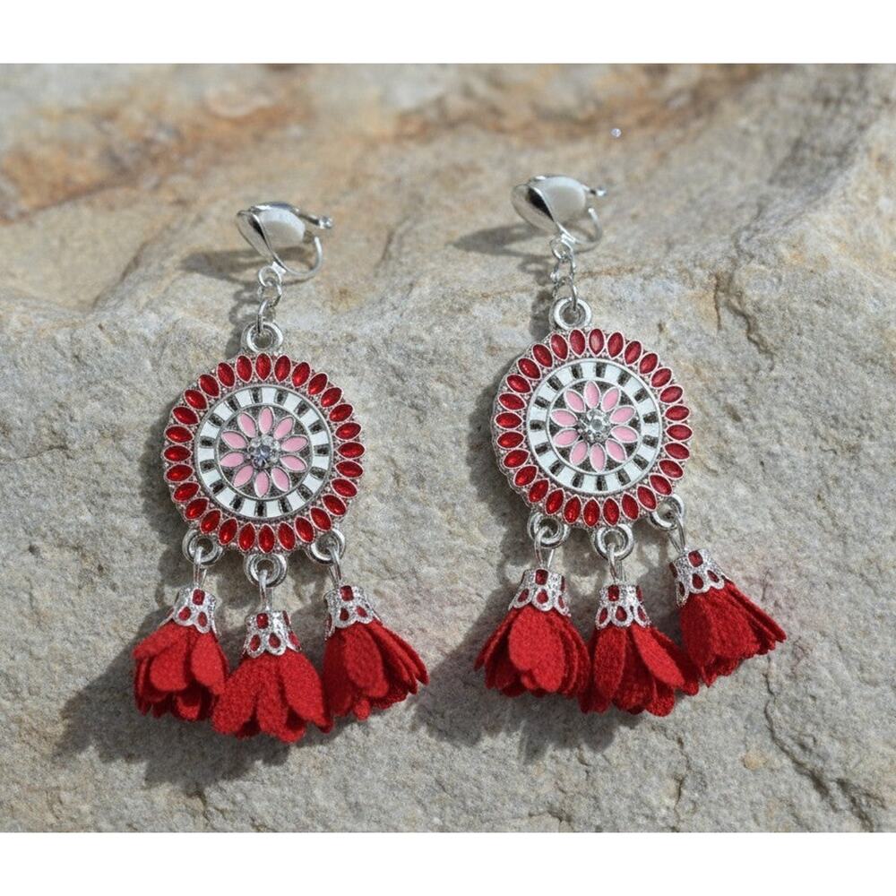 Clip on 2 1/4" silver, red, white, multi colored cloth flower earrings